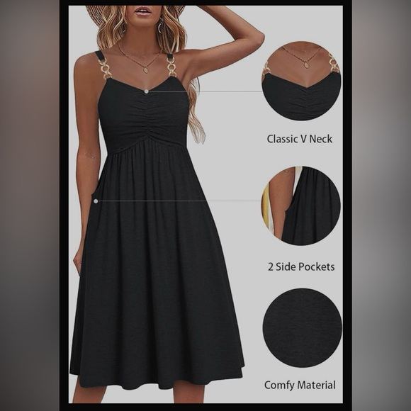 Soesdemo Boho Sleeveless V Neck Spaghetti Strap A Line Sundress w/ Pockets - Picture 6 of 16